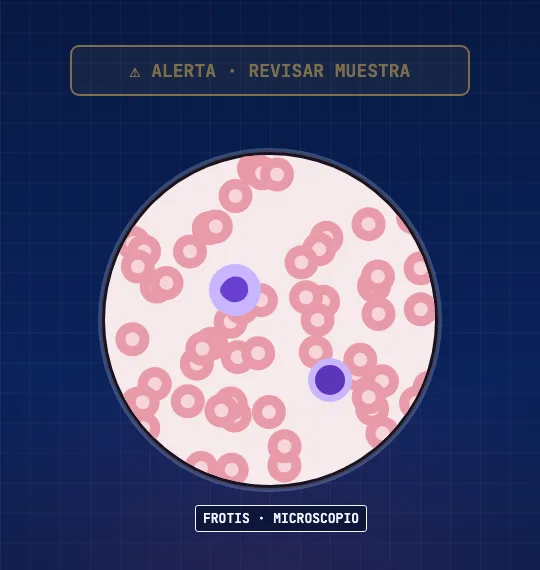 Campo de microscopio con un frotis de sangre: muchos glóbulos rojos y dos glóbulos blancos teñidos.