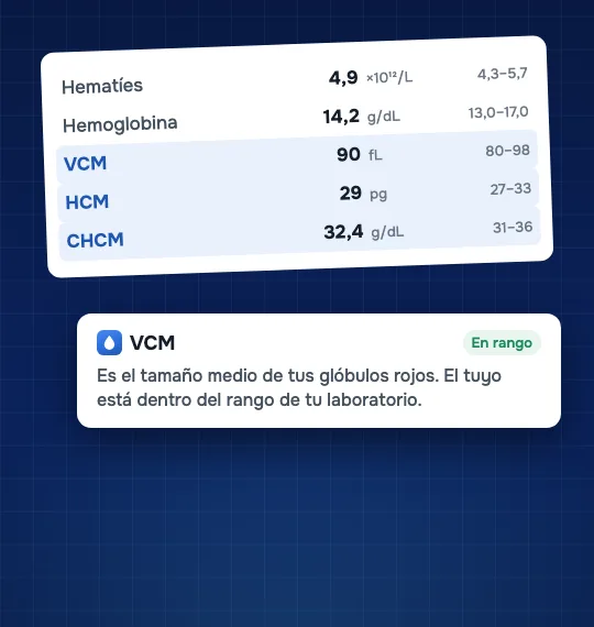 Informe con hematíes, hemoglobina, VCM, HCM y CHCM; una tarjeta de Ponyatno explica que el VCM es el tamaño medio de los glóbulos rojos.
