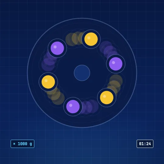 Rotor de una centrífuga visto desde arriba, girando con seis tubos.